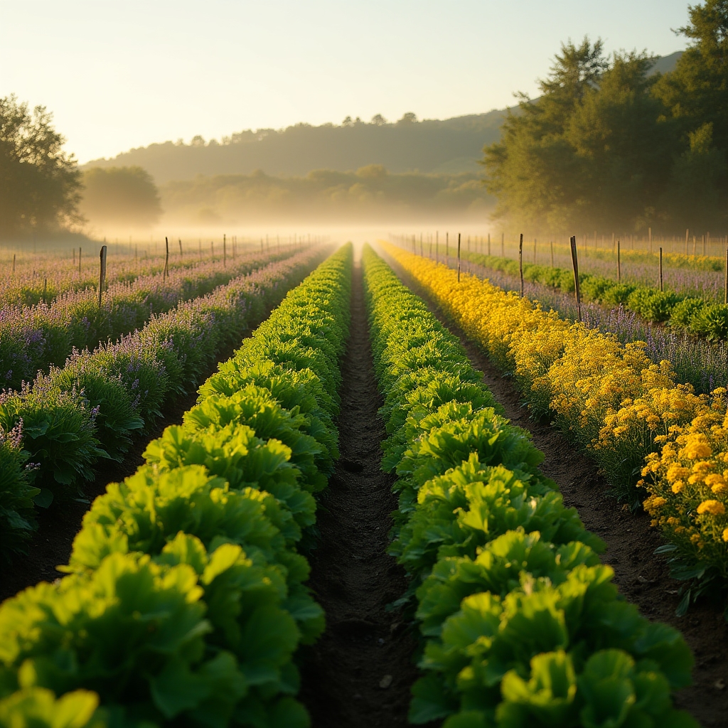 Ekološka farmska parcela s raznolikim usjevima pod mekim jutarnjim svjetlom u Hrvatskoj