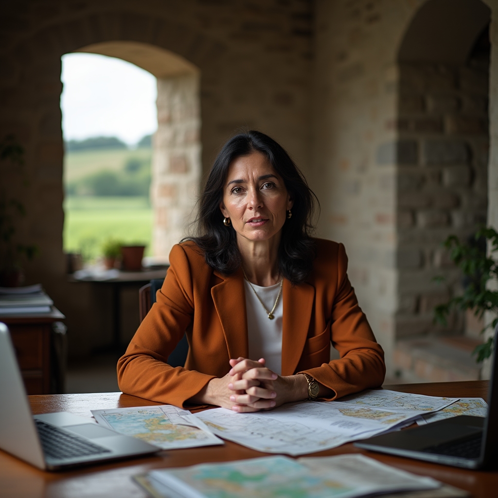 Savjetodavna sesija u ruralnom uredu s rasprostranom farmskom dokumentacijom na stolu