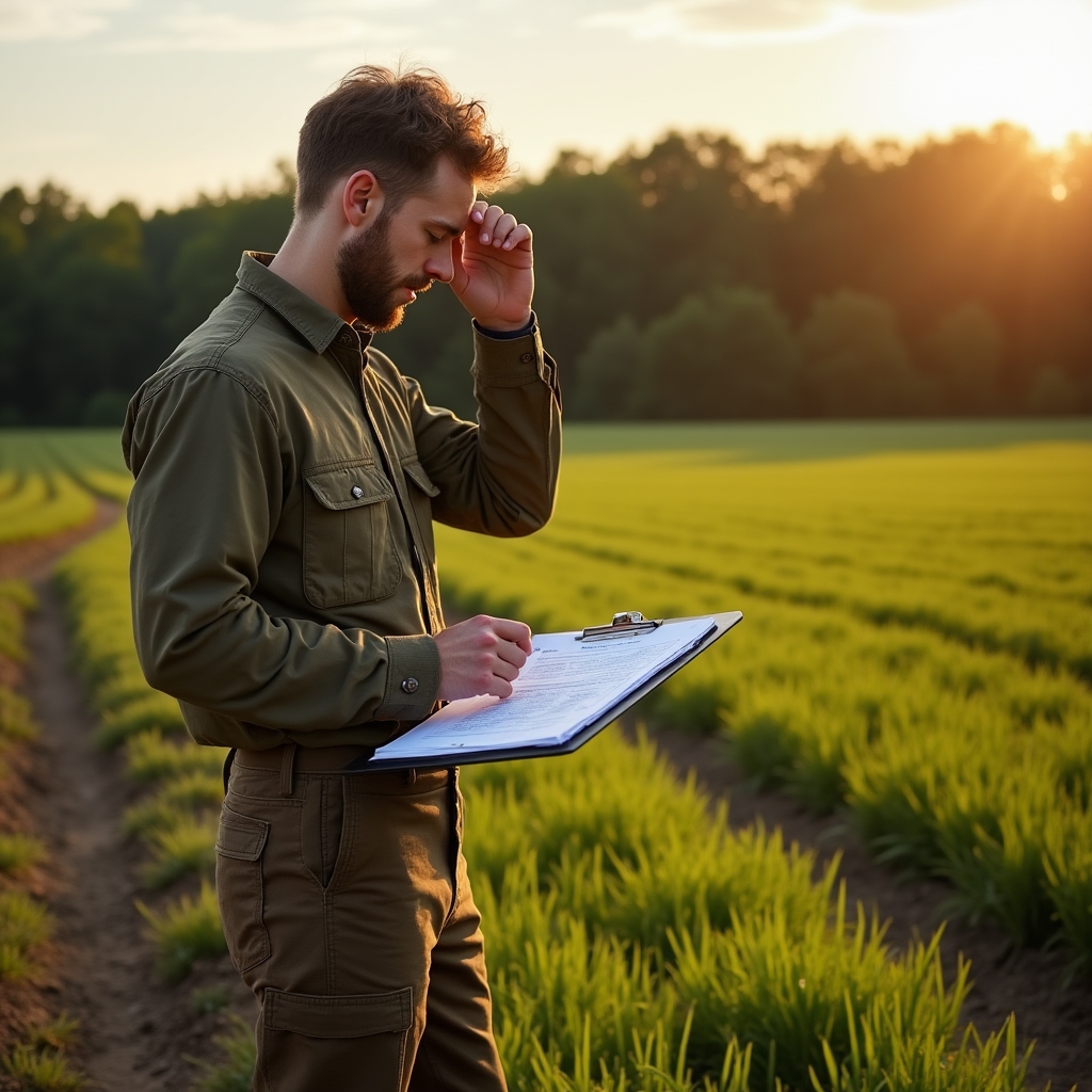 Mladi poljoprivrednik na polju pregledava dokumente vezane uz prijave za EU fondove